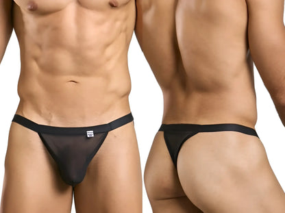 Black sheer mesh thong with solid black waistband malebasics mbl85 y sexy thongs shown from the back side