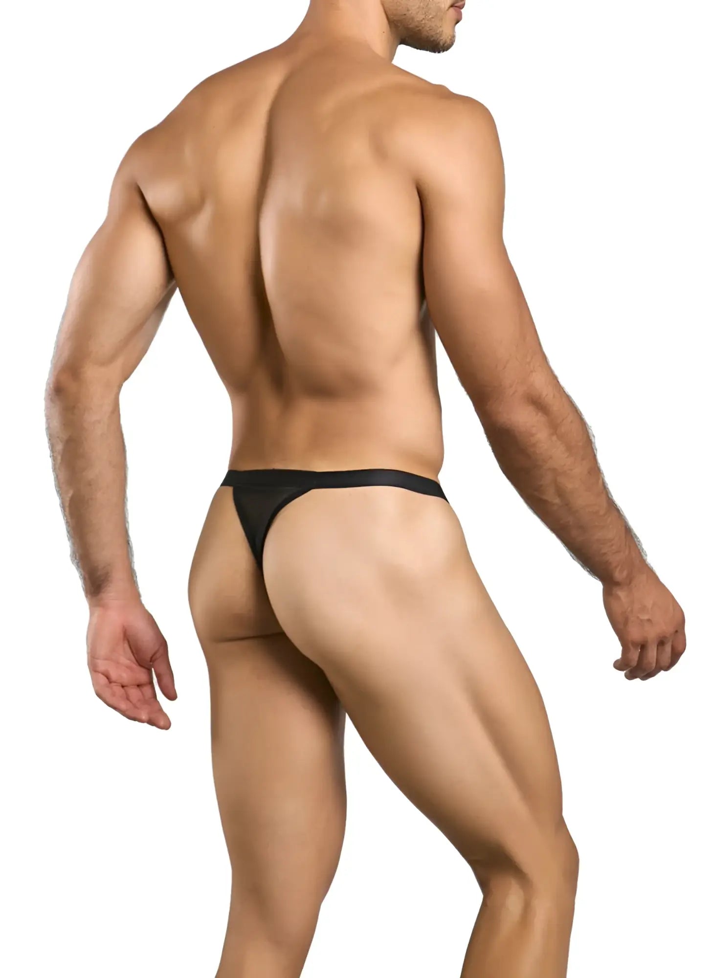 Black male basics mbl85 y sexy thong made of smooth stretchy mesh fabric with a narrow waistband visible from the back