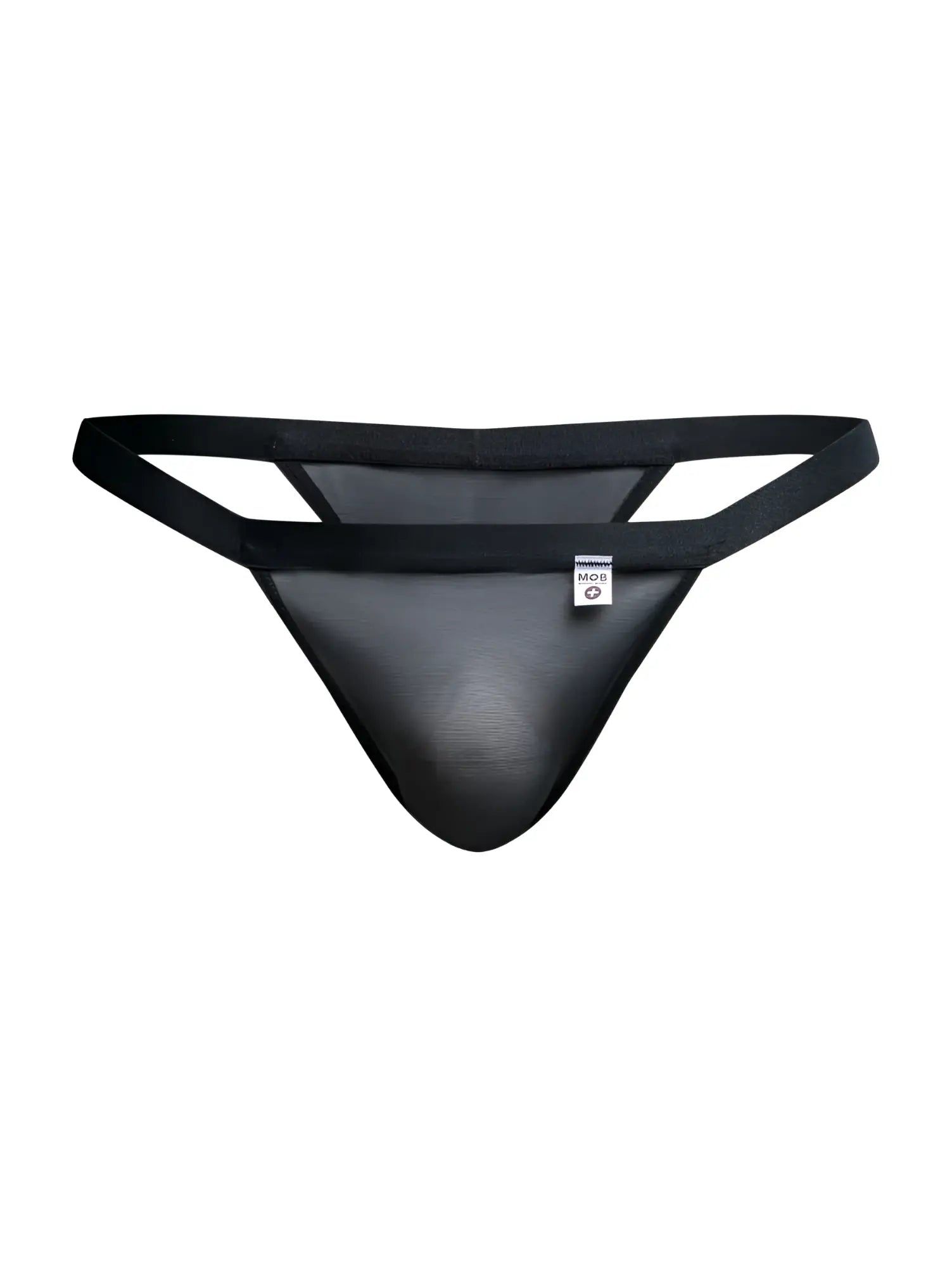 Malebasics mbl85 y sexy thong in black mesh with solid black waistband and side straps shown from the front