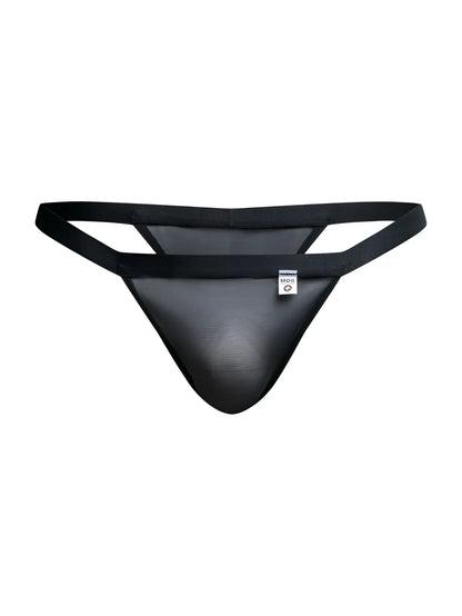Malebasics mbl85 y sexy thong in black mesh with solid black waistband and side straps shown from the front