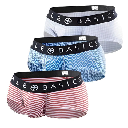 Malebasics mens brief 3-pack featuring white blue chevron and red stripes with black branded elastic waistbands