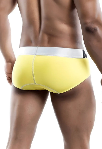 Malebasics men’s sports performance hip brief in bright yellow with white waistband and subtle gray stitching