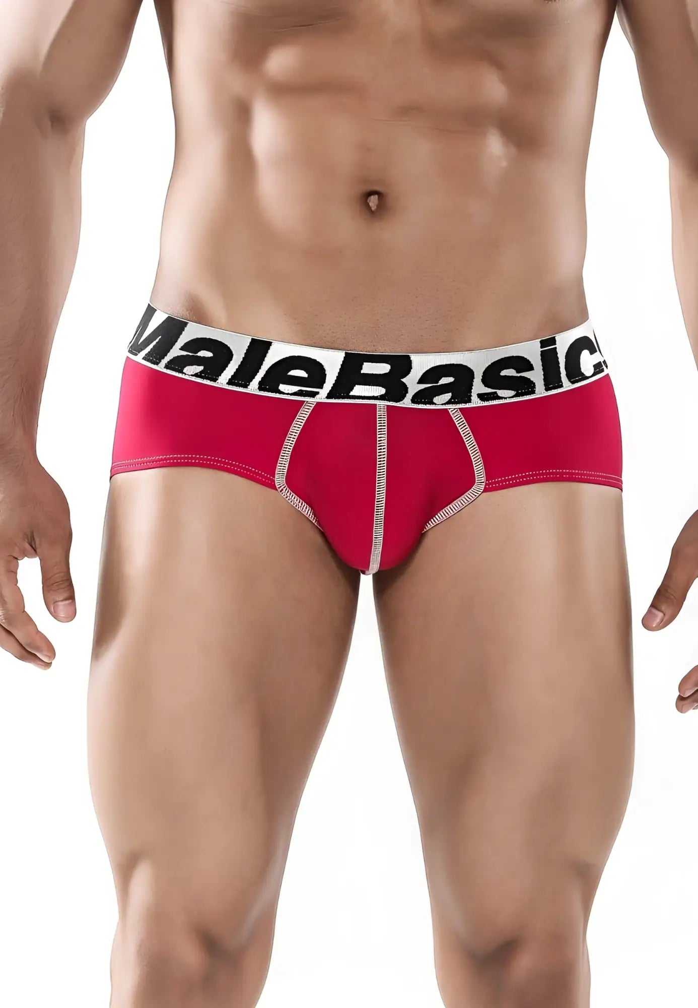 Malebasics men’s sports performance red hip briefs with white waistband black lettering and white seam stitching