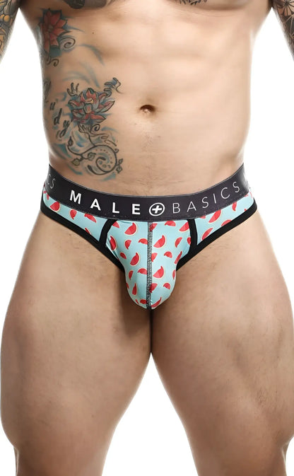 Malebasics mens thong sexy pouch in light blue watermelon pattern with black trim and branded waistband