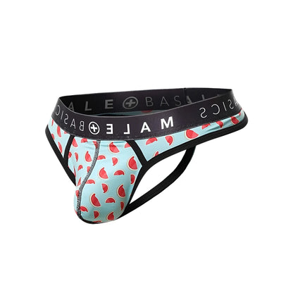 Malebasics mens thong sexy pouch light blue watermelon slice patterned briefs with black waistband and side straps