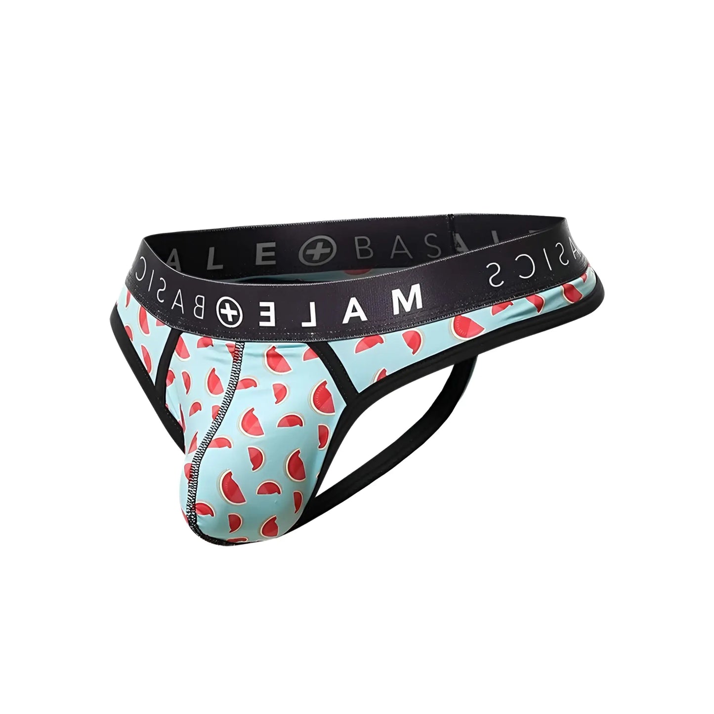 Malebasics mens thong sexy pouch in light blue watermelon slice pattern with black elastic waistband and side straps
