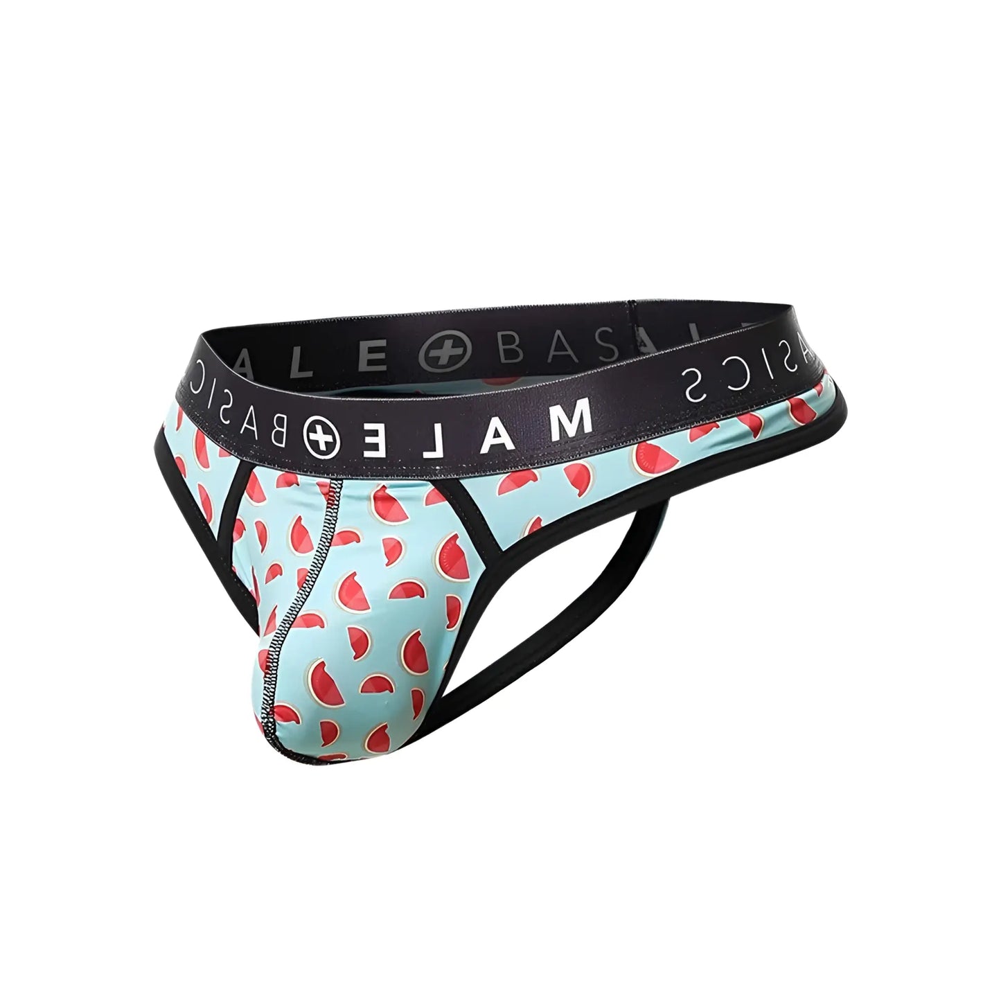 Malebasics mens thong sexy pouch with light blue watermelon slice pattern and black elastic waistband and leg straps