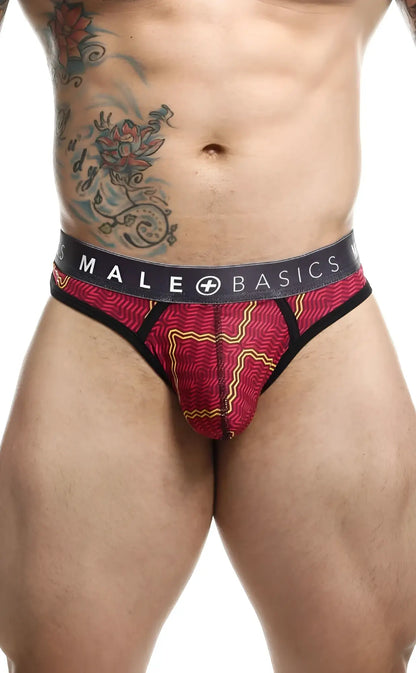 Red and black patterned men’s thong with sexy pouch and malebasics branded waistband for comfortable wear
