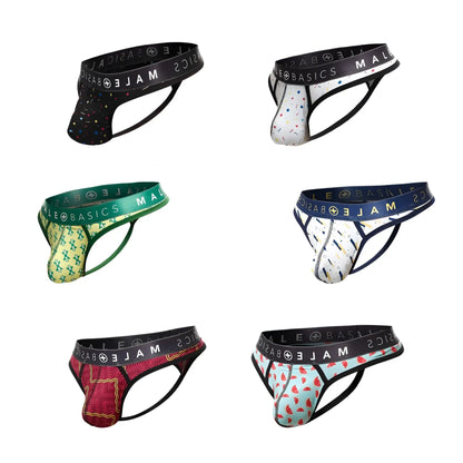 Six pairs of malebasics mens thong sexy pouch underwear with colorful patterns and black elastic waistband