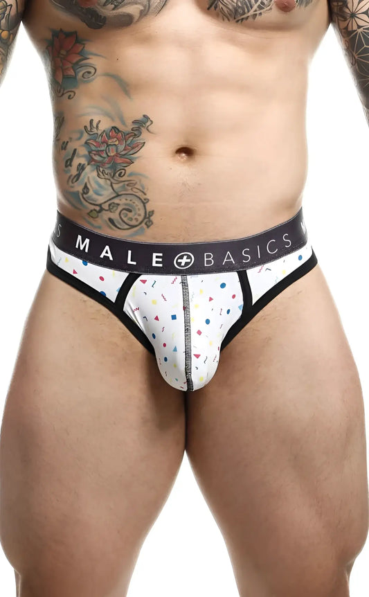 Malebasics mens thong sexy pouch white briefs with playful pink blue yellow confetti pattern and black trim waistband