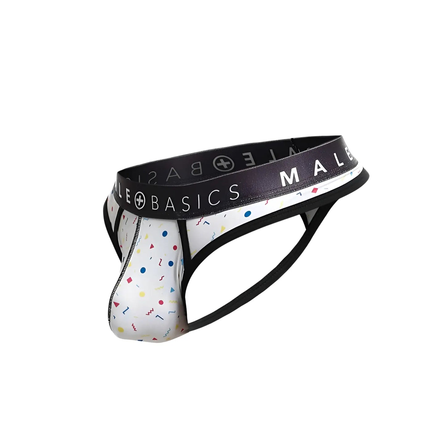 Malebasics mens white briefs with playful confetti pattern and black elastic waistband featuring male basics branding