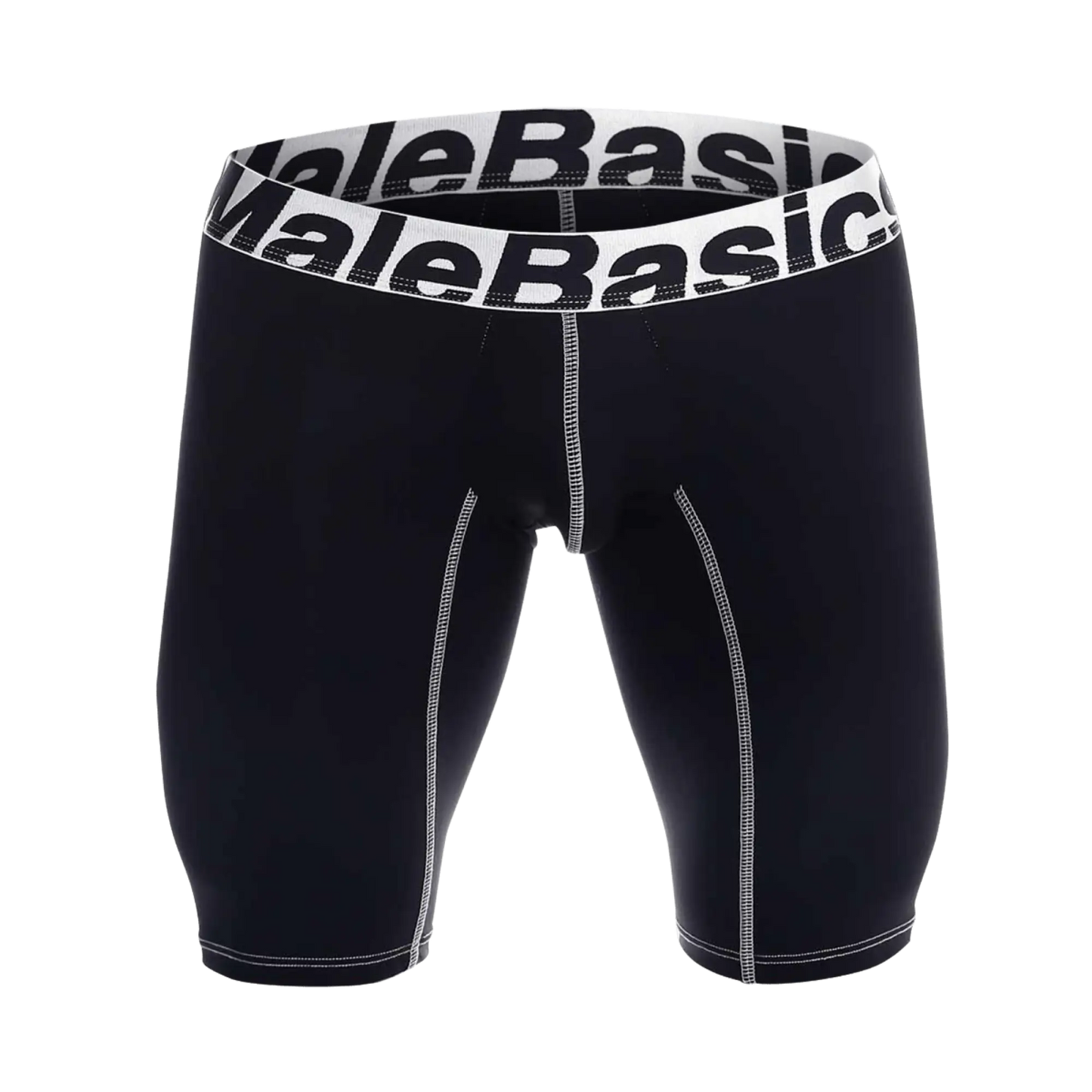 Black malebasics microfiber athletic boxer compression shorts with white waistband and contrasting stitching