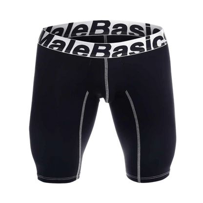 Black malebasics microfiber athletic boxer compression shorts with white waistband and contrasting stitching
