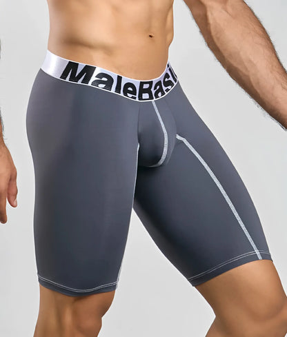 Gray malebasic microfiber athletic boxer briefs with white waistband black lettering and silver seam stitching