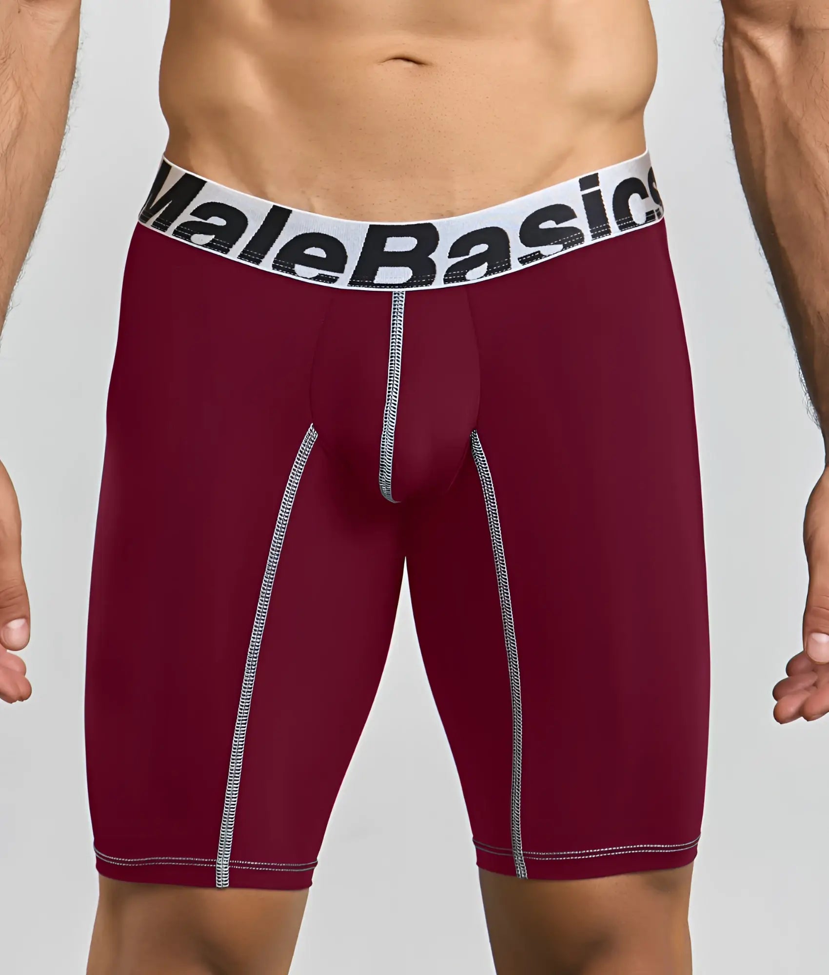 Maroon malebasics microfiber athletic boxer briefs with white elastic waistband black lettering and silver side stitching