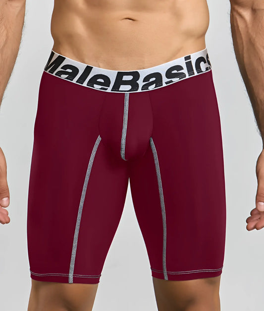 Maroon malebasics microfiber athletic boxer briefs with white elastic waistband black lettering and silver side stitching
