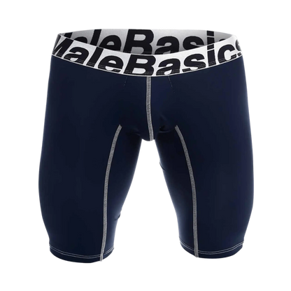 Navy blue male basics microfiber athletic boxer briefs with white elastic waistband and contrasting stitching