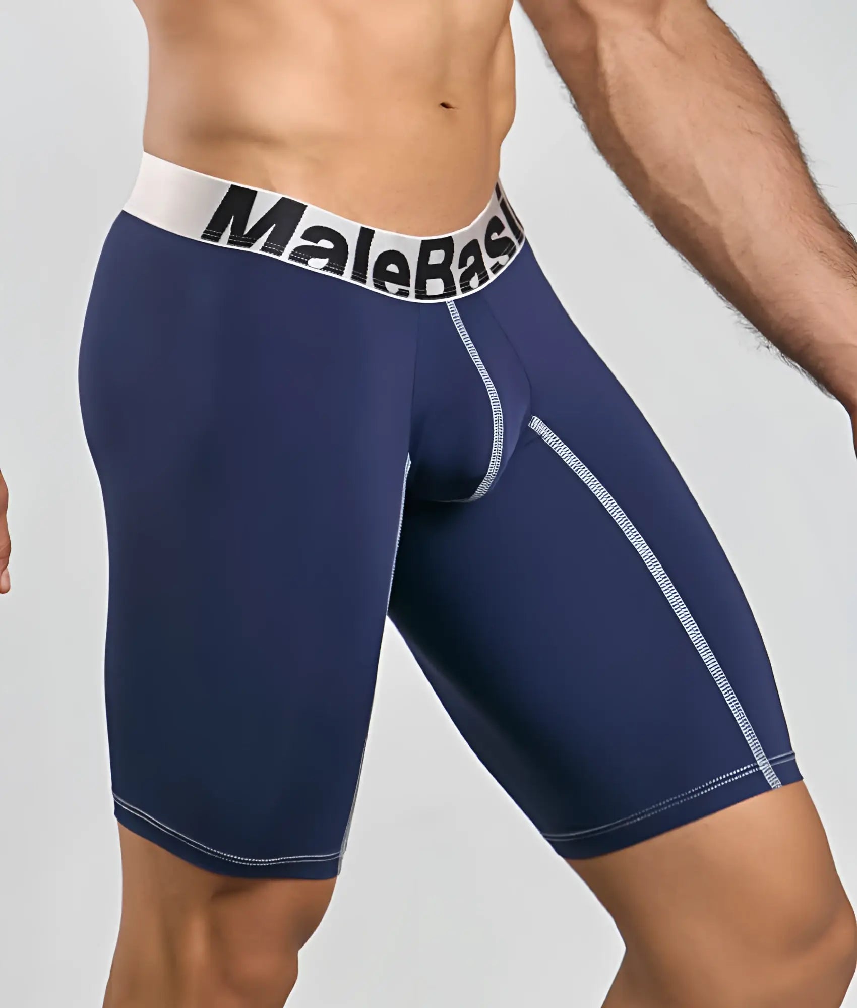 Malebasics microfiber athletic navy blue compression boxer briefs with white elastic waistband and silver stitching details