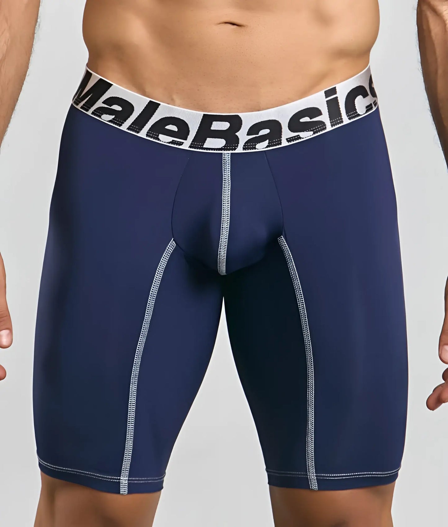 Navy blue malebasics microfiber athletic boxer briefs with white elastic waistband and silver contrast stitching