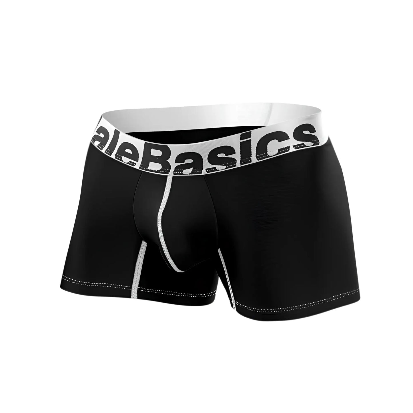 Black men’s microfiber boxer briefs with white alebasics waistband and contrasting white stitching along seams