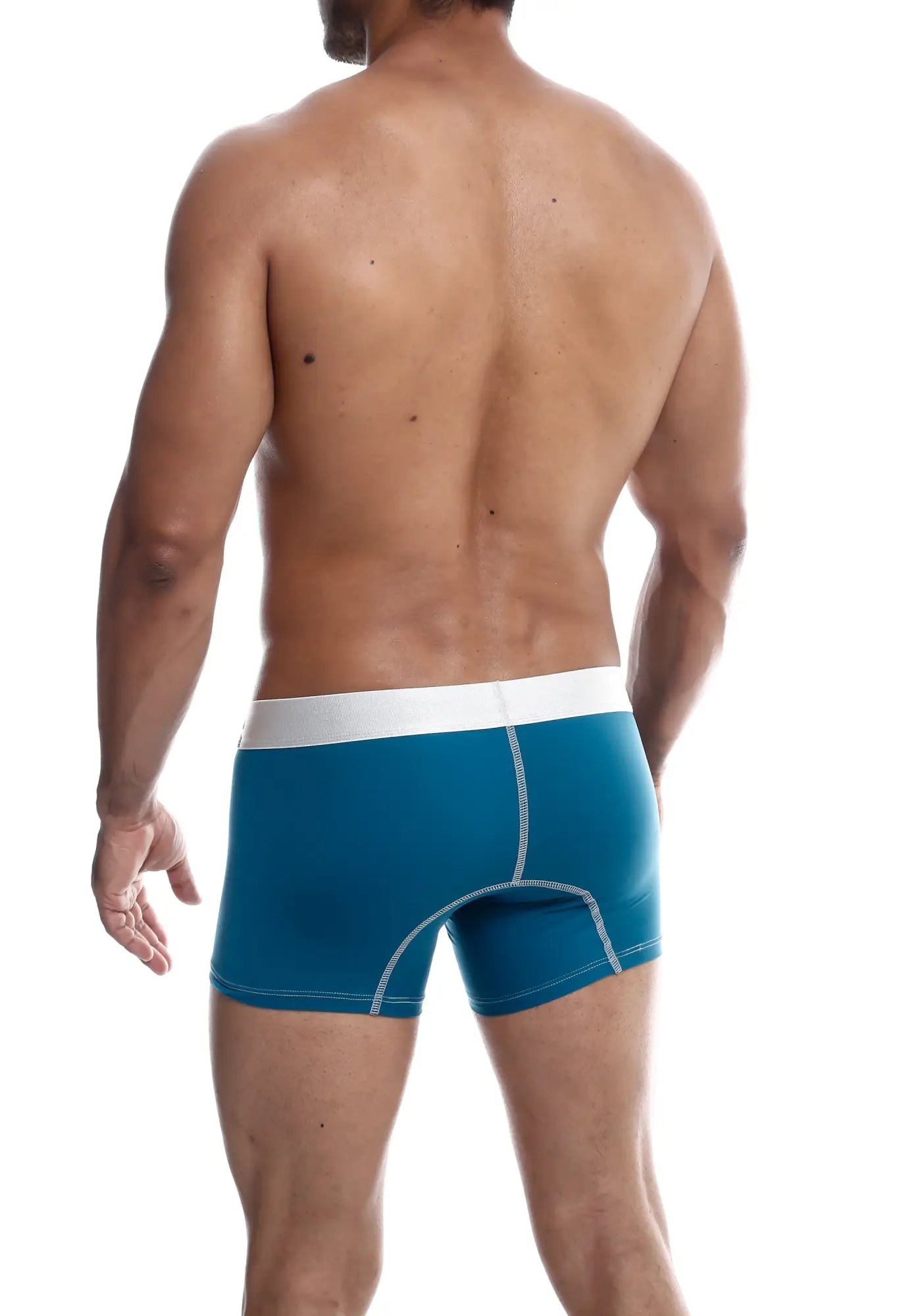 Malebasics microfiber blue men’s boxer briefs with white waistband and contrasting stitching front view