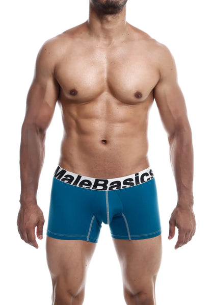 Blue malebasics microfiber boxer briefs with white waistband and contrasting stitching shown from the back side