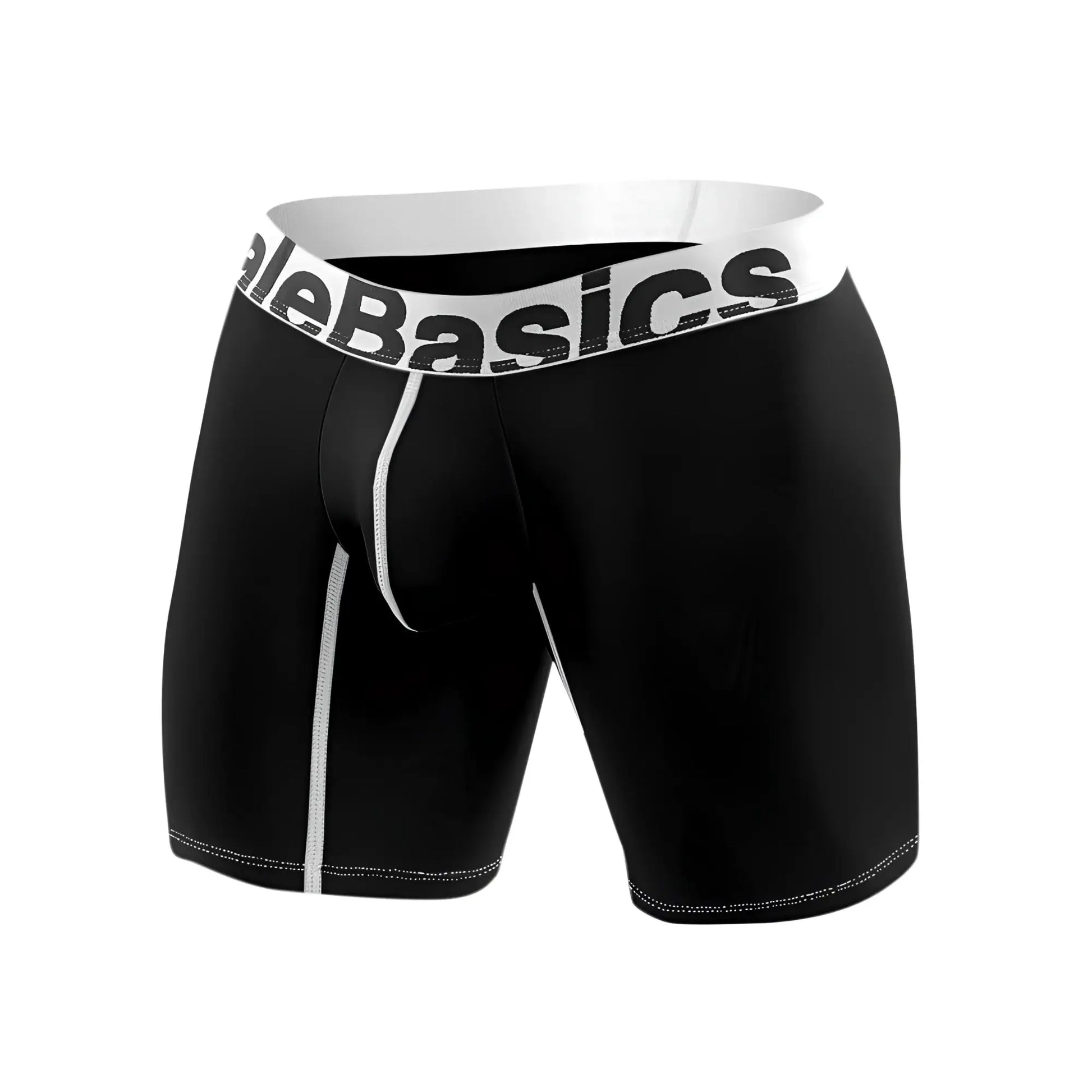 Black mens microfiber boxer briefs with white elastic waistband featuring alebasics logo and white stitching accents