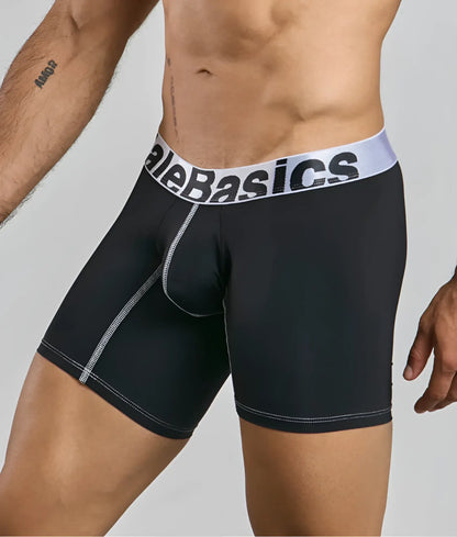 MaleBasics microfiber black men’s boxer briefs with white elastic waistband and aleBasics logo in black lettering