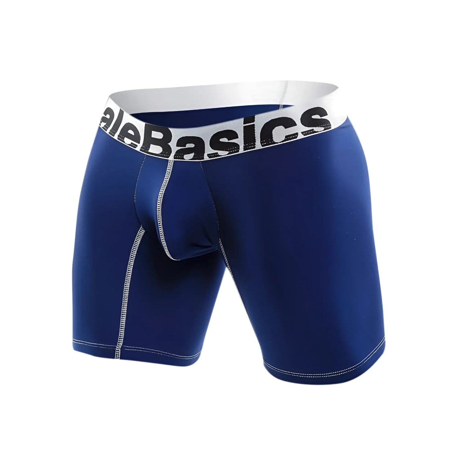MaleBasics microfiber blue men’s boxer briefs with white waistband featuring alebasics logo and white stitching along seams