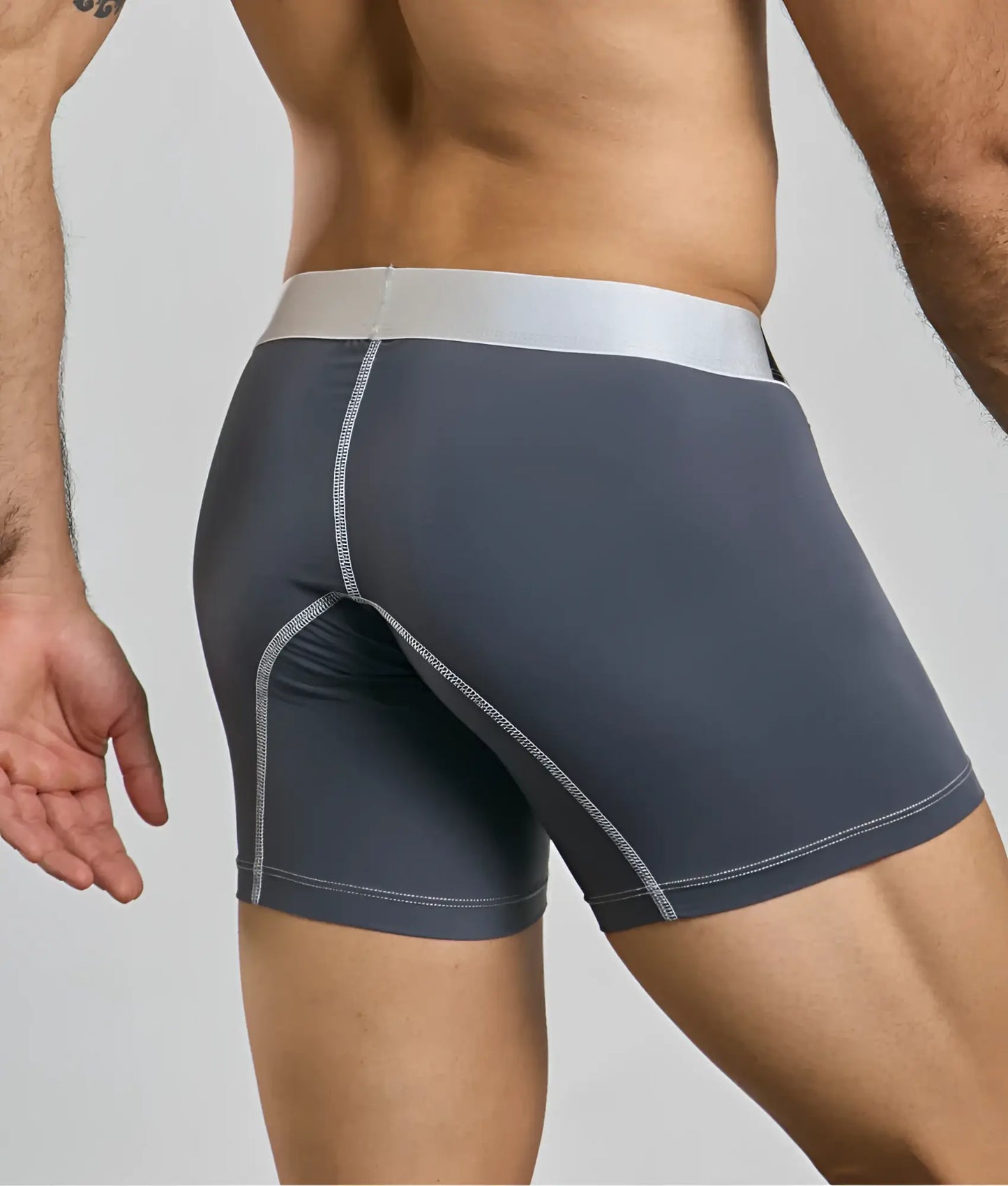 Dark gray maleBasics microfiber boxer brief with silver waistband and matching stitching for athletic wear