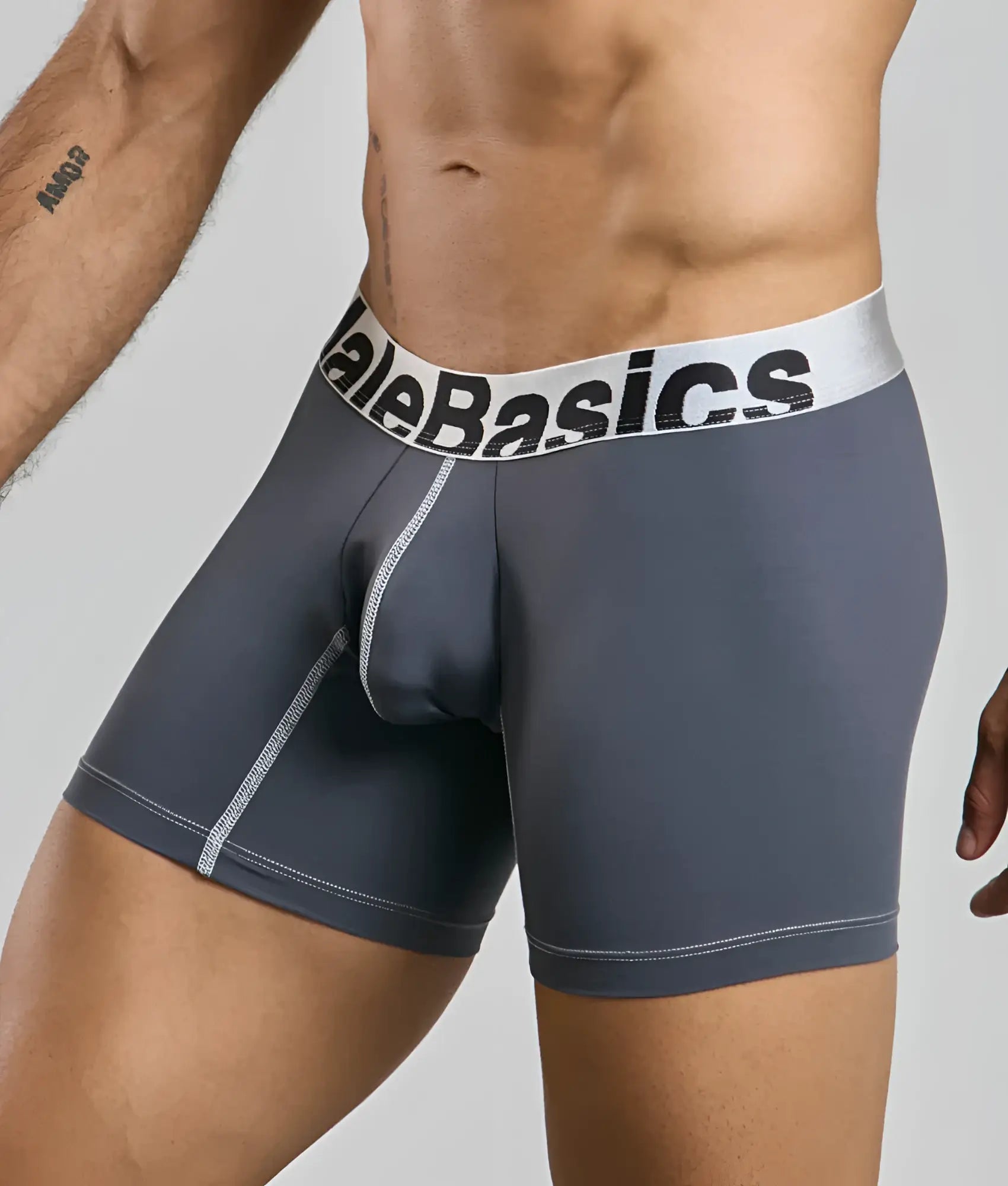 Gray malebasics microfiber boxer brief with white waistband and contrasting light gray stitching for comfortable wear
