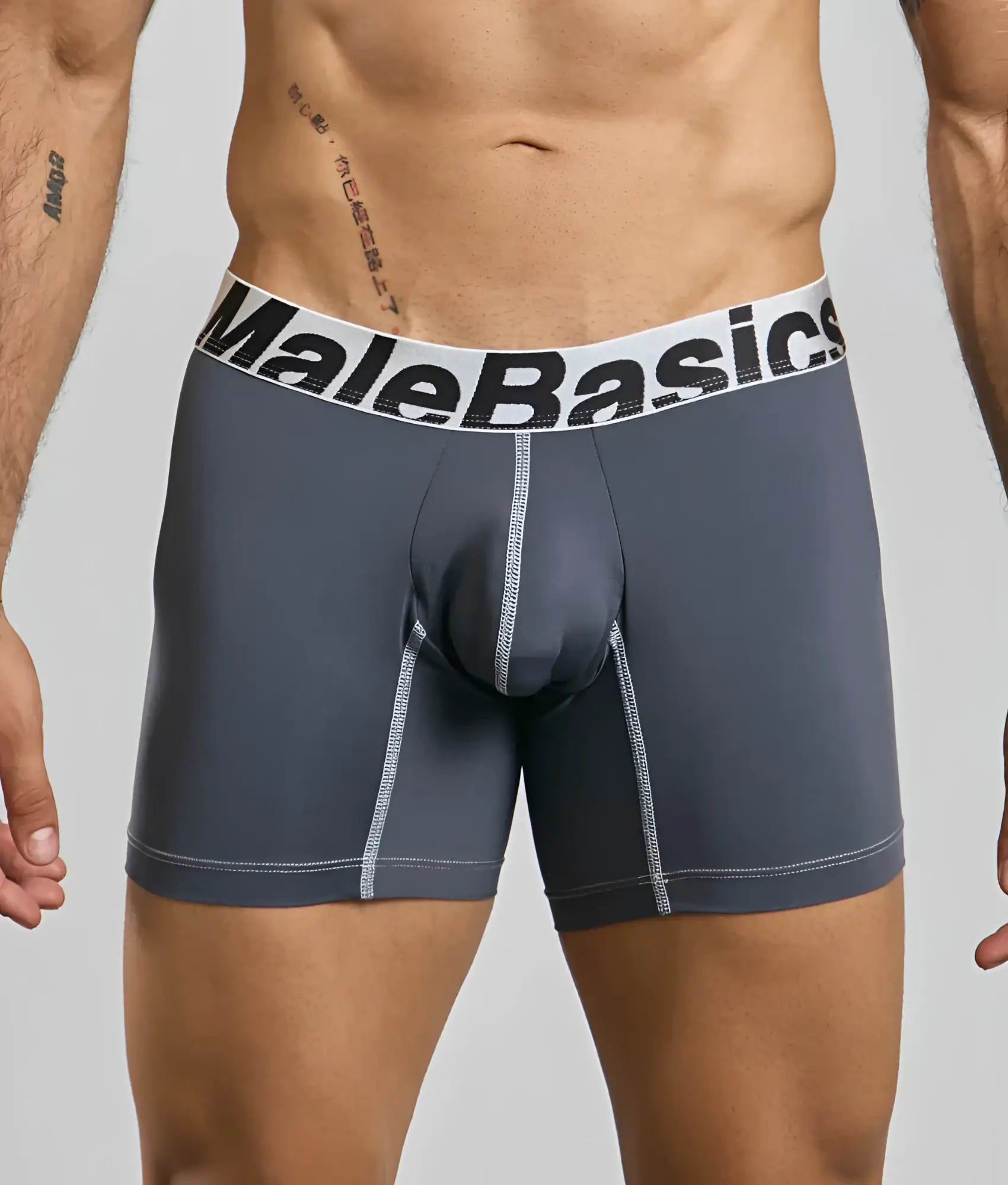 Gray malebasics microfiber boxer brief with white waistband black lettering and subtle gray side stitching front view