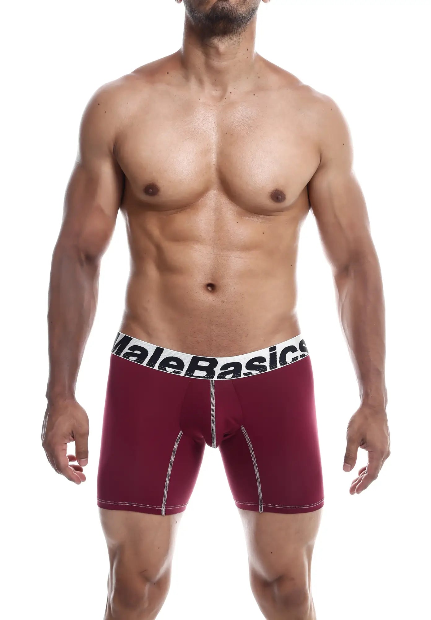 MaleBasics microfiber boxer brief in maroon with white elastic waistband and contrasting stitching front view