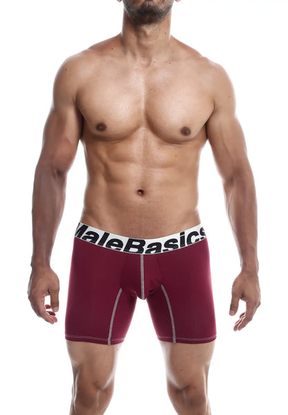 MaleBasics microfiber boxer brief in maroon with white elastic waistband and contrasting stitching front view