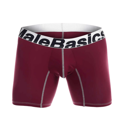 Maroon malebasics microfiber boxer briefs with a white waistband and black branding featuring contrasting stitching