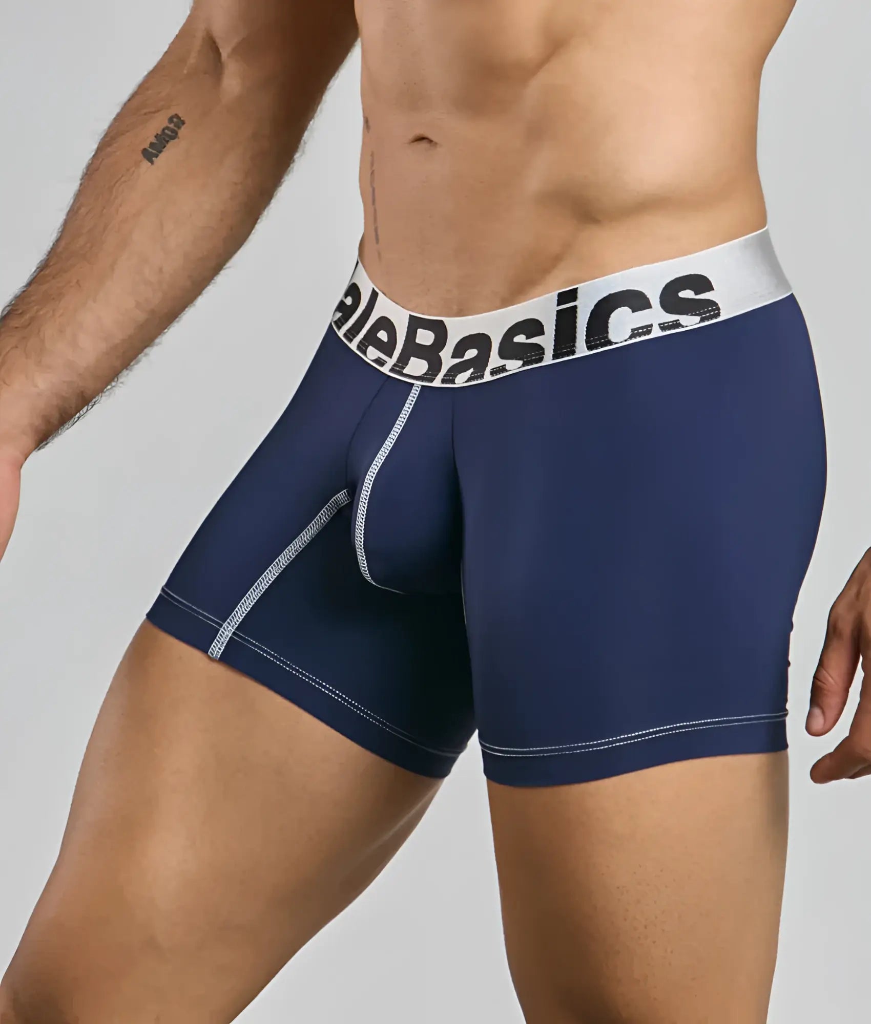 Navy blue maleBasics microfiber boxer brief with white elastic waistband and light gray stitching for comfort