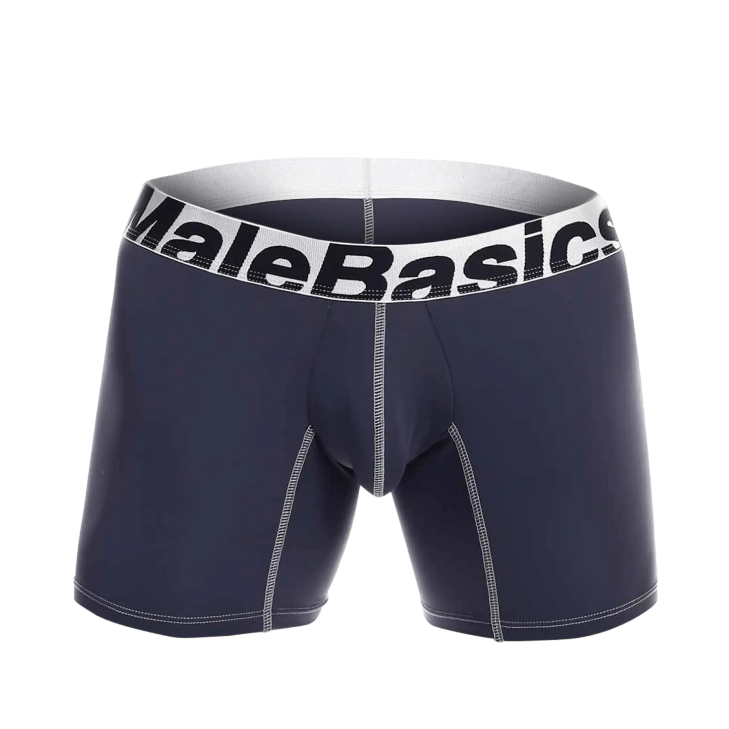 Navy blue malebasics microfiber boxer briefs with white waistband and black lettering featuring light gray stitching