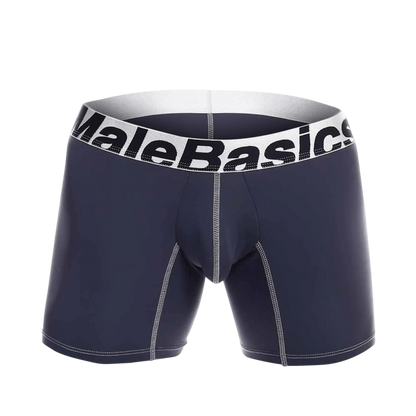 Navy blue malebasics microfiber boxer briefs with white waistband black lettering and light gray seam stitching front view