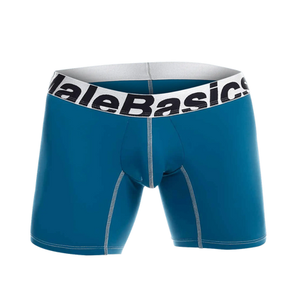 Teal malebasics microfiber boxer briefs with white waistband black lettering and light gray stitching along seams