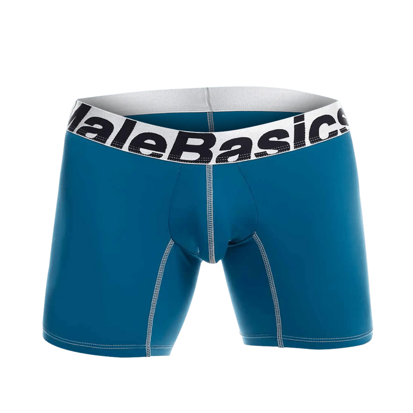 Teal malebasics microfiber boxer briefs with white waistband black lettering and light gray contrast stitching on back side