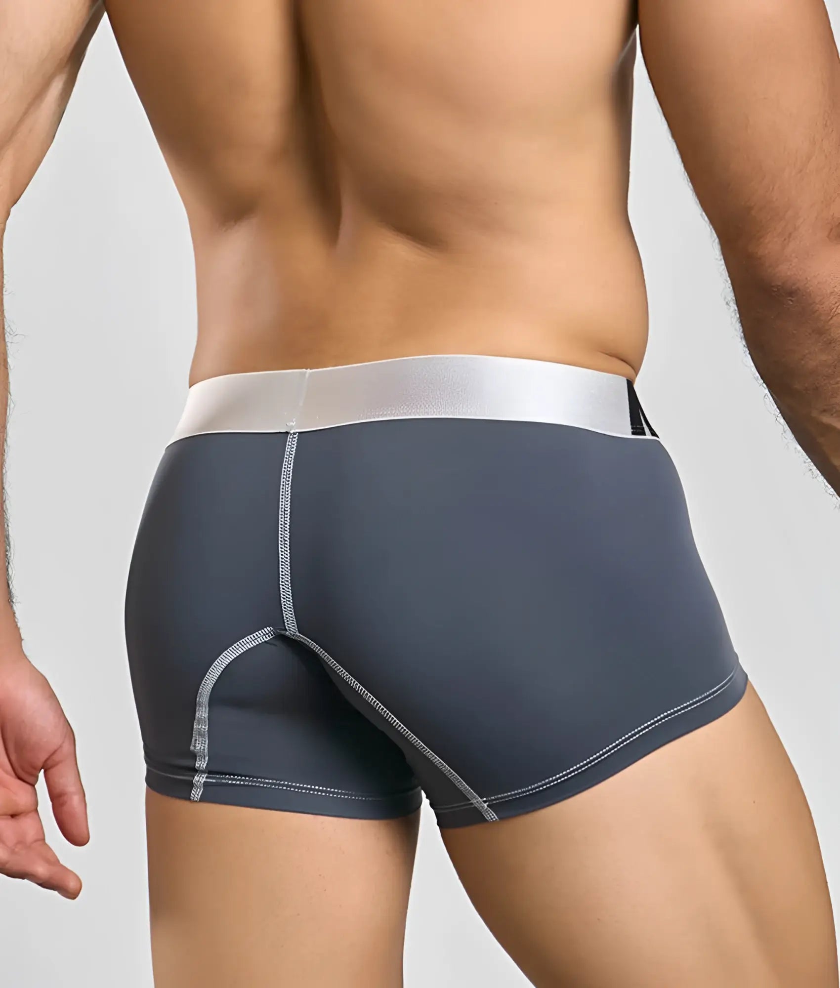 Dark gray malebasics microfiber boxer briefs with silver waistband and matching stitching details