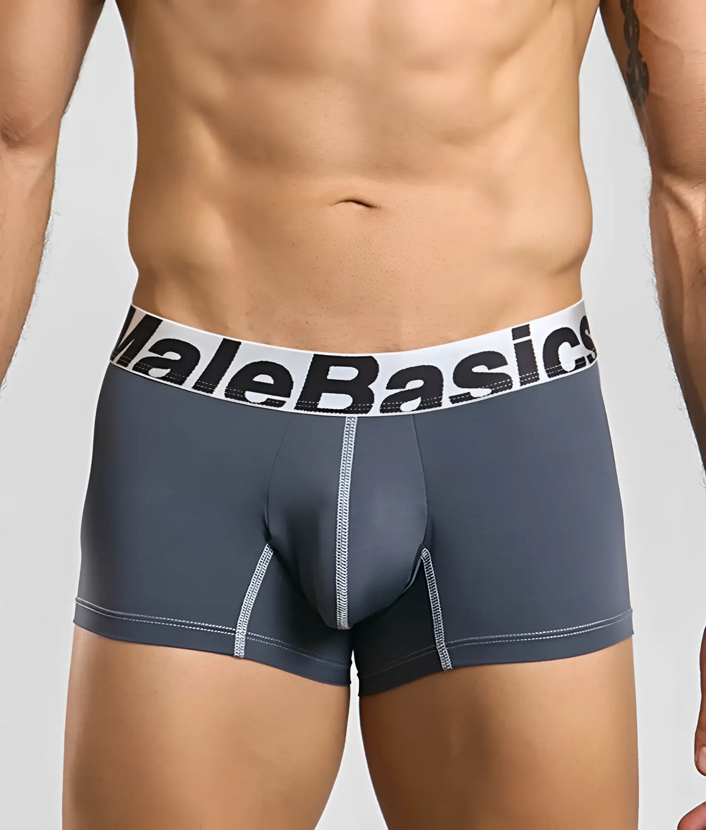 Gray malebasics microfiber boxer briefs with white waistband black lettering and subtle gray stitching along seams