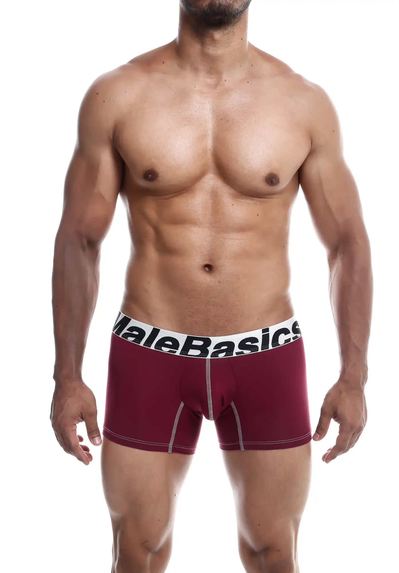 Maroon malebasics microfiber boxer briefs with white waistband black lettering and contrasting white side stitching