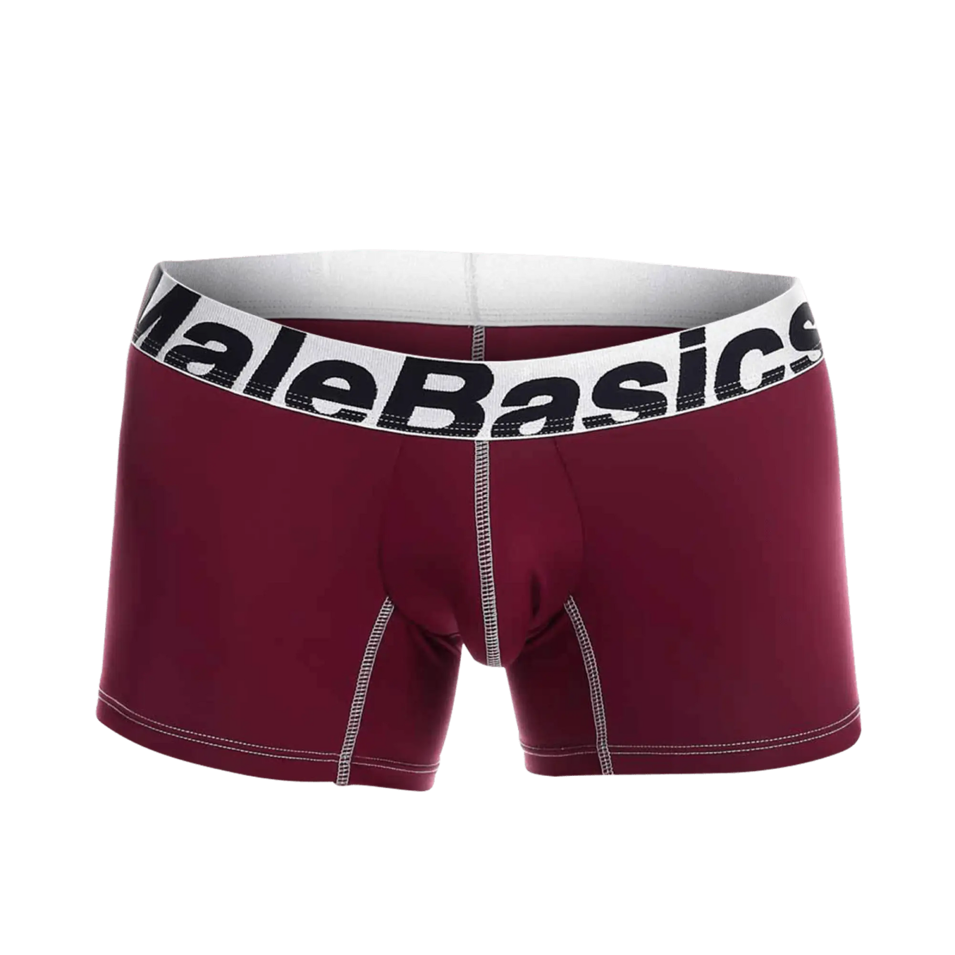 Maroon malebasics microfiber boxer briefs with white waistband black branding and contrasting white seam stitching back side view