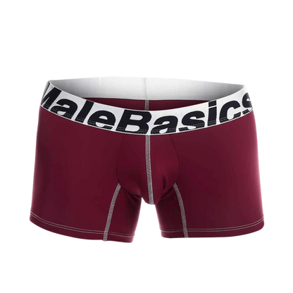 Maroon malebasics microfiber boxer briefs with white waistband black branding and contrasting white seam stitching back side view