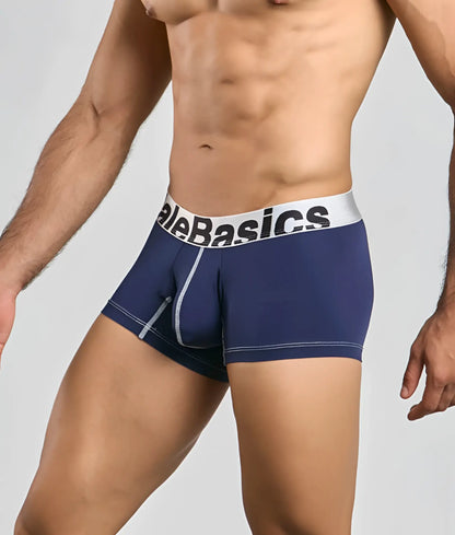 Malebasics microfiber navy blue men’s boxer briefs with white elastic waistband featuring alebasics logo in black text