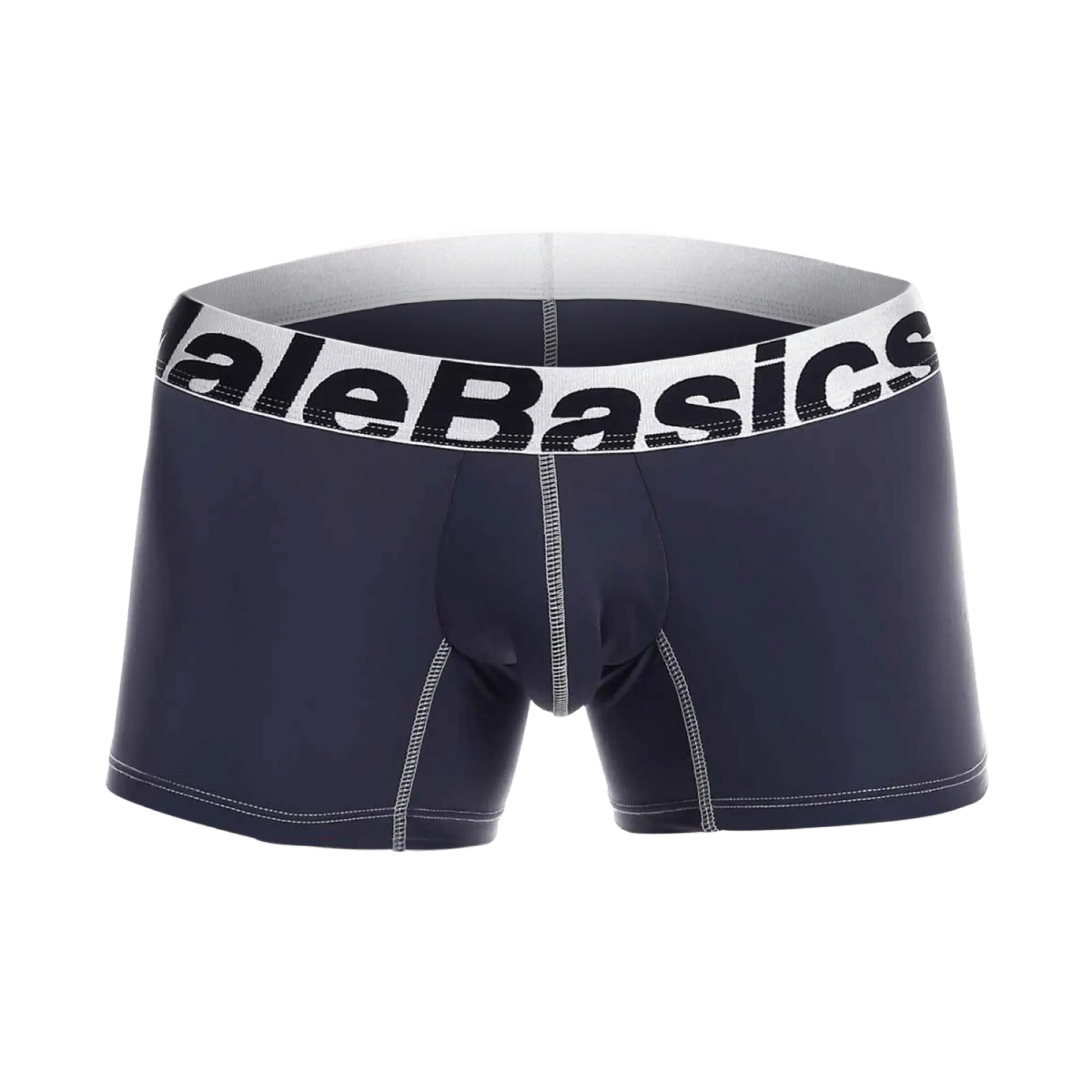 Navy blue malebasics microfiber boxer briefs with white waistband featuring alebasics logo and gray contrast stitching