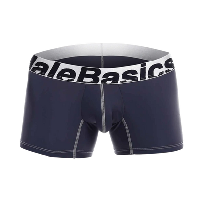 Navy blue malebasics microfiber boxer briefs with white waistband featuring alebasics logo and gray contrast stitching