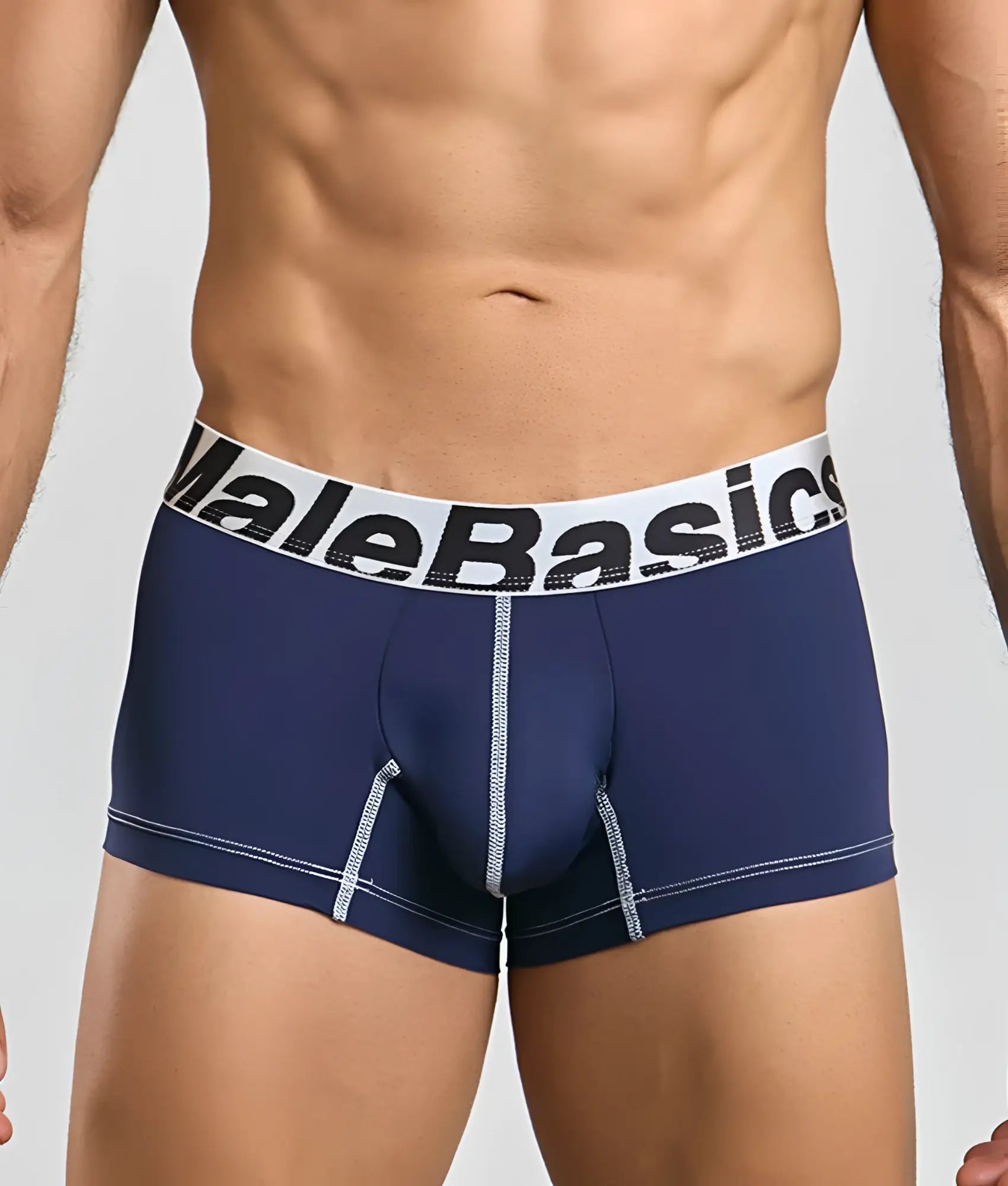 Navy blue Malebasics microfiber boxer briefs with white elastic waistband, black lettering, and silver seam stitching