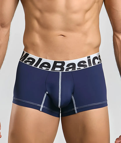 Navy blue Malebasics microfiber boxer briefs with white elastic waistband, black lettering, and silver seam stitching